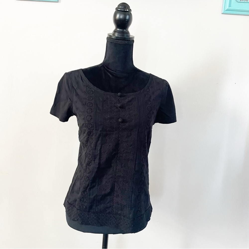 Anthro Black Short Sleeved Eyelet Detail Top